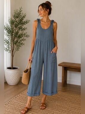 Final Touch Blue Tie Strap Wide Leg Jumpsuit Relaxed Fit